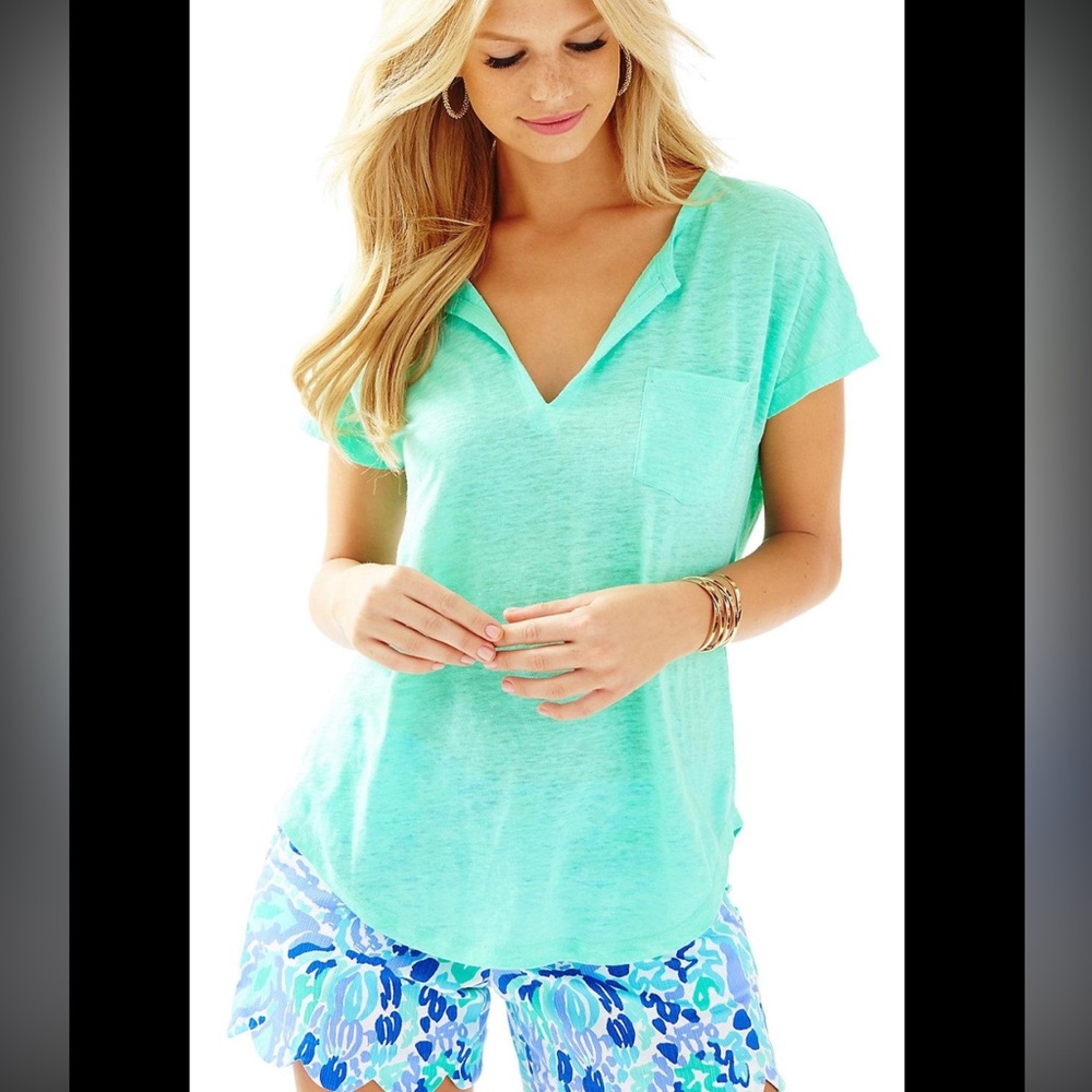 Lilly Pulitzer Duval Notch Neckline Linen Top - Minty Fresh Sz XS 13